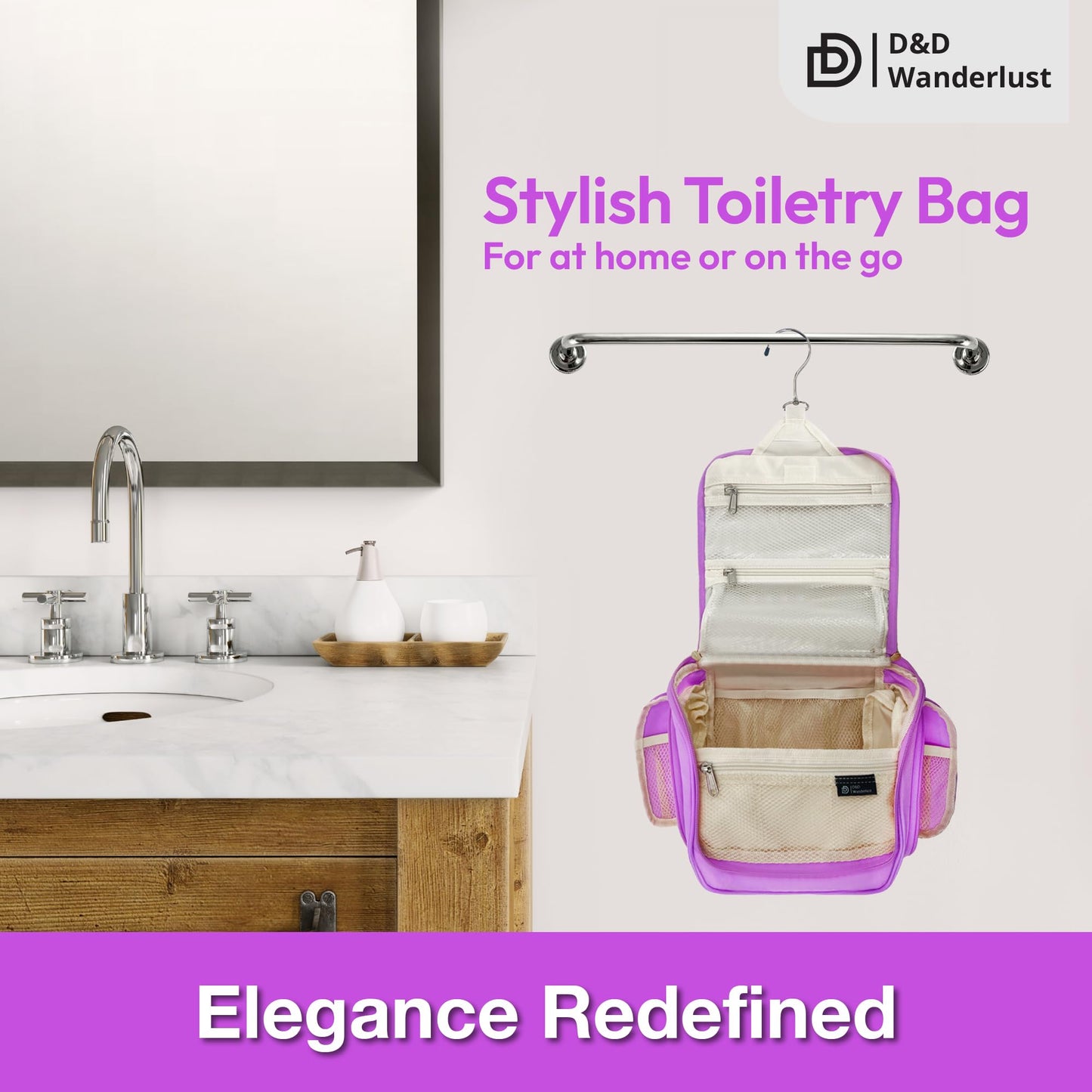 D&D Hanging Travel Toiletry Bag for Men and Women – Cosmetics, Makeup and Toiletries Organizer Kit with 10 Compartments, YKK Zippers, XXL Metal Swivel Hook, Water-Resistant Nylon