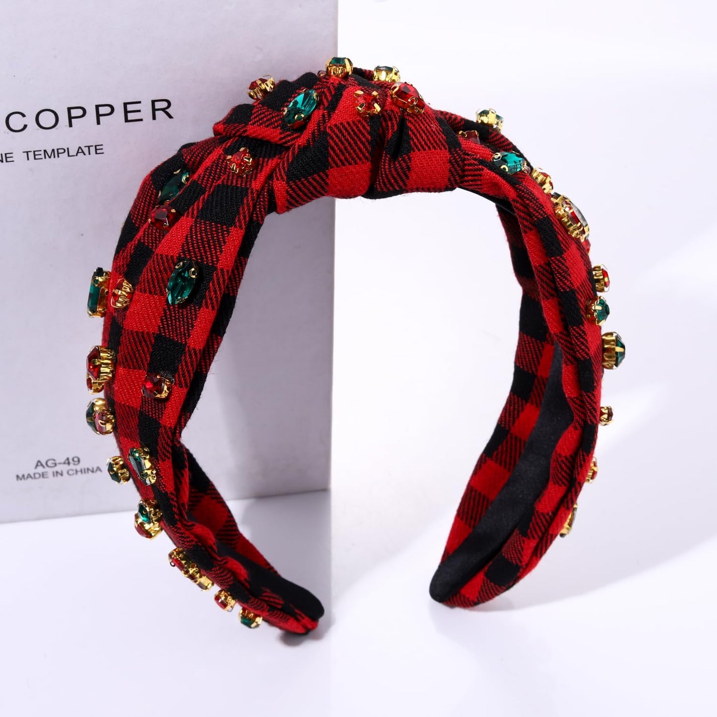 CEALXHENY Christmas Headband Accessories for Women Red Green Rhinestone Crystal Knotted Headband Jeweled Xmas Plaid Wide Top Knot Headband Christmas Outfits Holiday Gifts (Christmas 1)