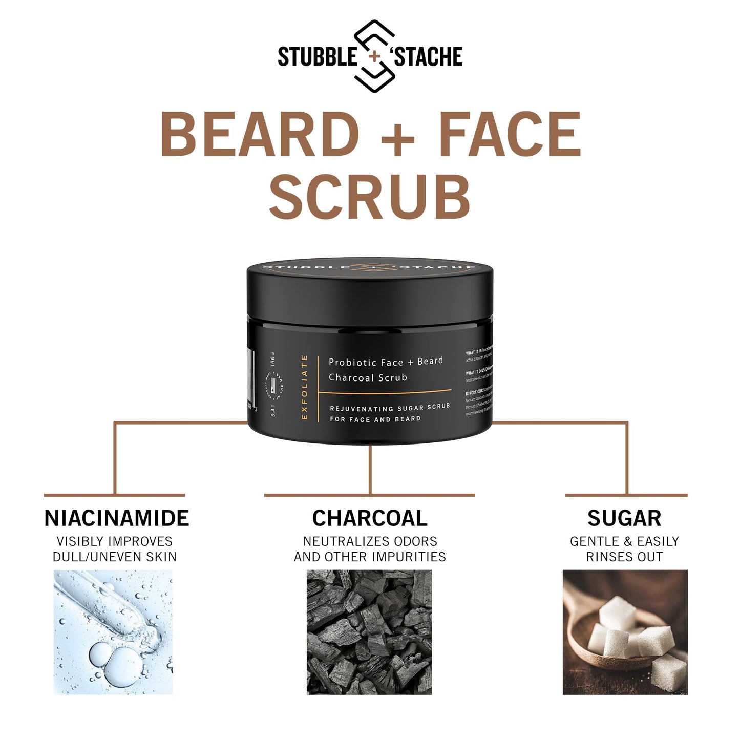 stubble & stache Exfoliating Probiotic Face & Beard Charcoal Sugar Scrub for Men - Deep Cleanse, Pre-Shave Wash, Natural Pore Minimizing Scrub for Daily Use - 3.4 fl oz