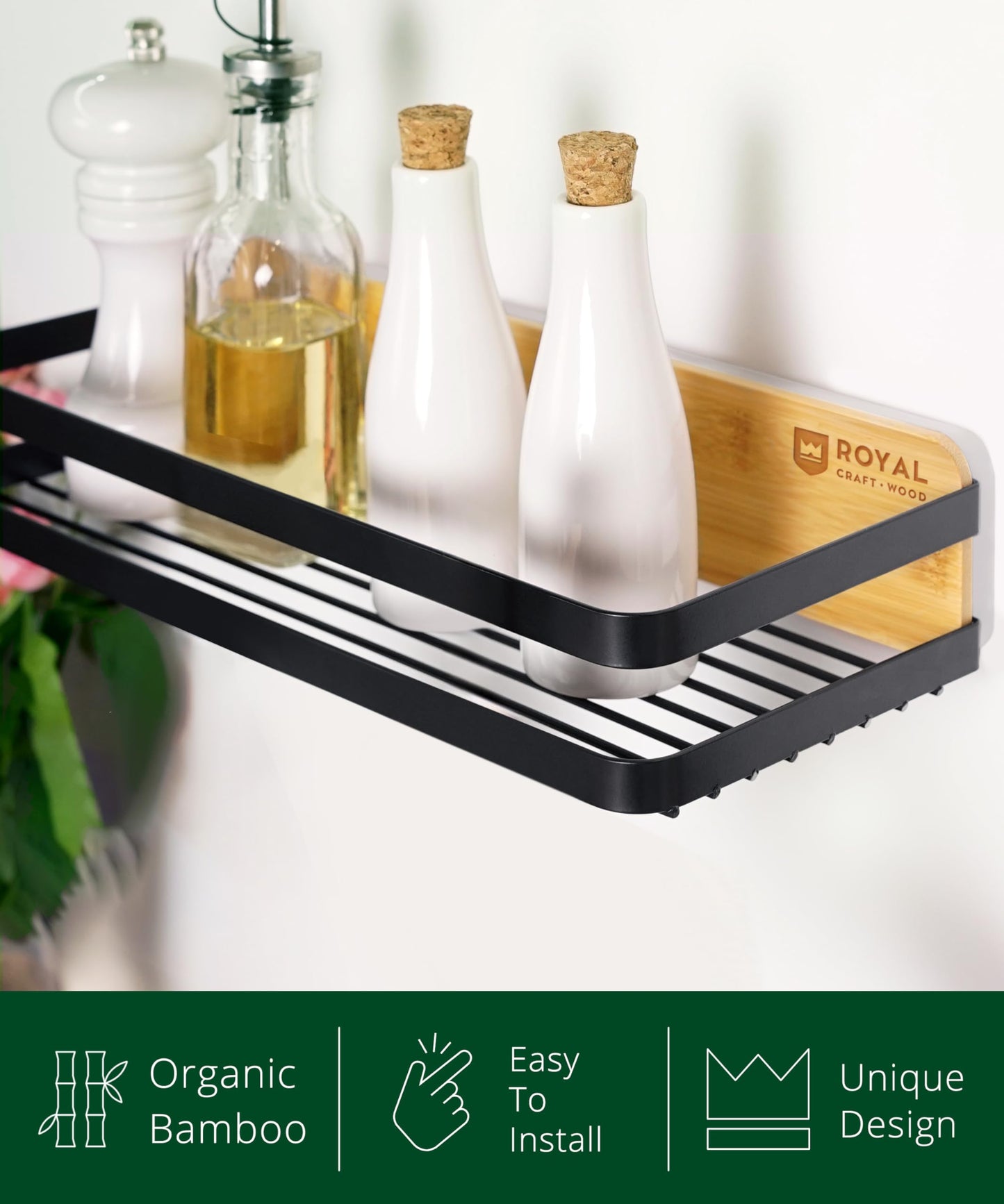 ROYAL CRAFT WOOD Shower Caddy Shelf 2-Pack - Adhesive, No-Drill, Rustproof Bathroom Organizer, Large Capacity Shower Shelves for Home & Bathroom Decor