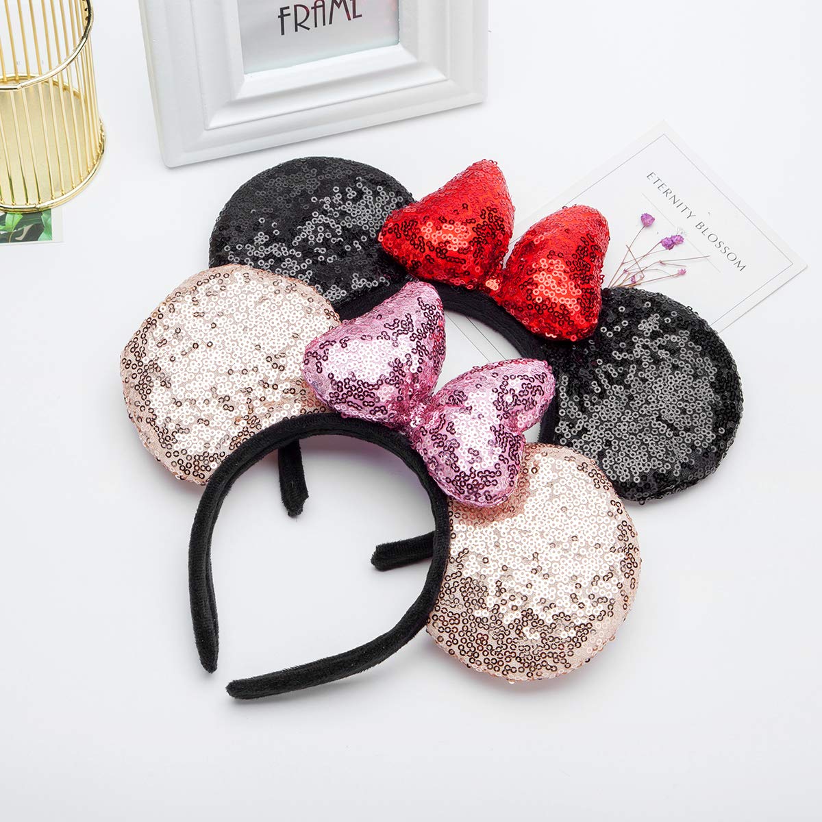 Seamoy Mouse Ears headband,2pcs Sequin Halloween Minnie Ears Headband Glitter Hairband for Princess Party Cosplay Costume Headwear Minnie&Mickey Themed Party Decorations (Red&Gold 3D)