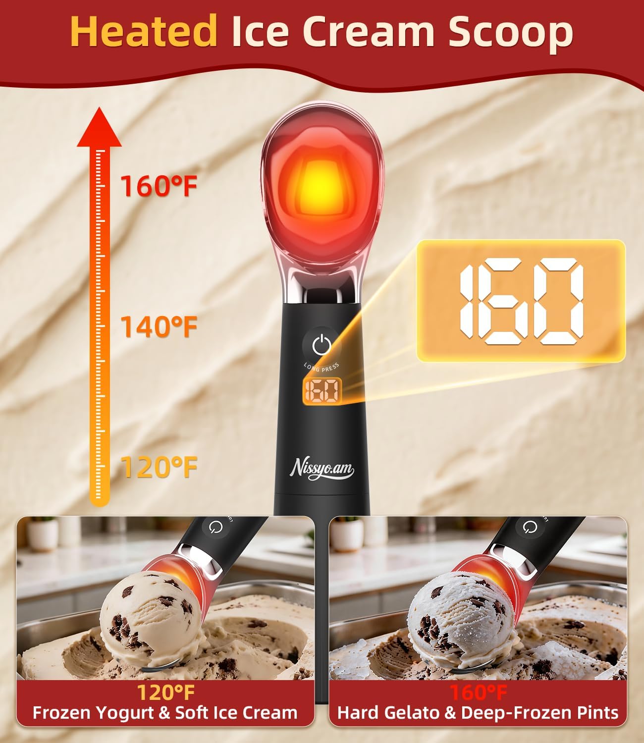 Skiennix Heated Ice Cream Scoop - Rechargeable Electric Scooper with Removable Battery & Drip-Proof Stand | IP68 Waterproof, Food-Grade Metal