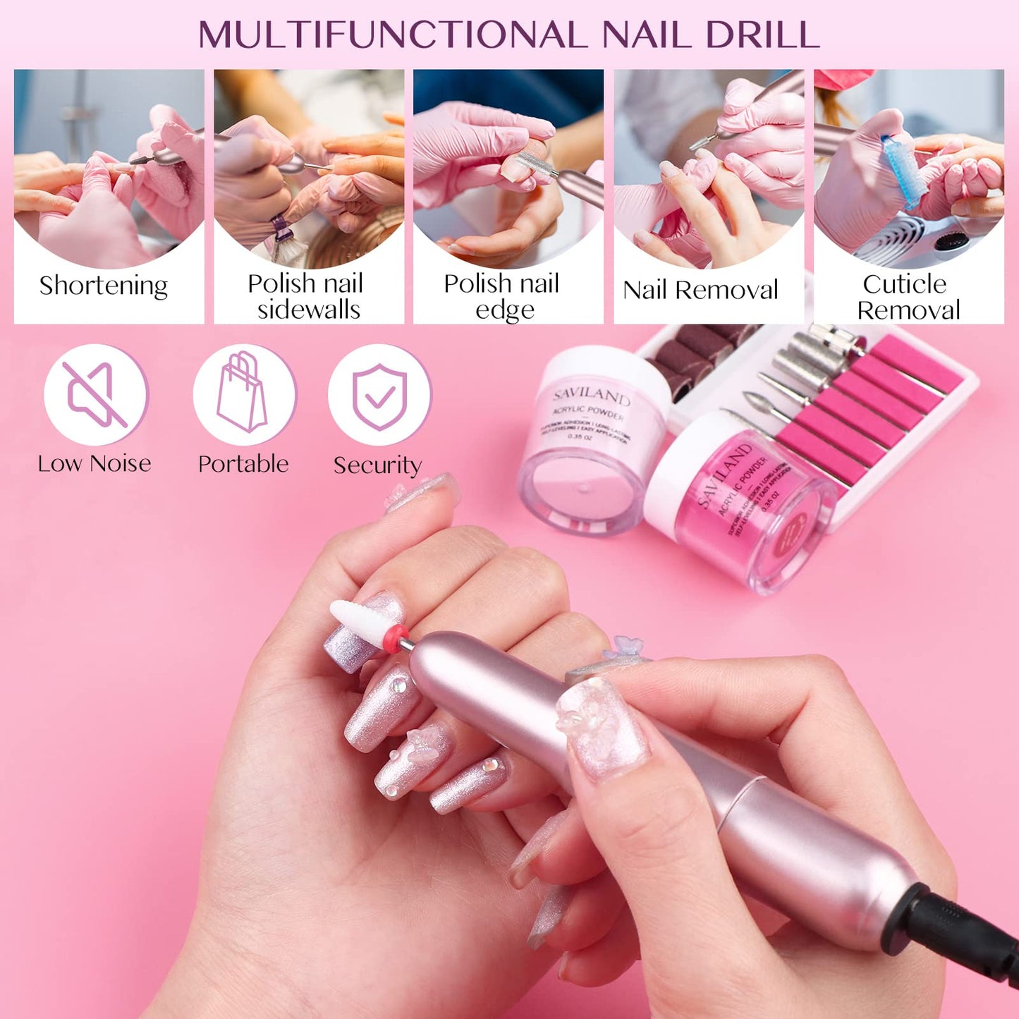 SAVILAND Acrylic Nail Kit with Drill for Beginners - 0.5oz Clear White Pink Acrylic Powder and Liquid Set Acrylic Nail Brushes Professional Nails Kit Acrylic Set Home DIY Nail Extension Carving