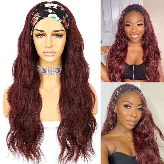 SAPPHIREWIGS Loose Body Wavy Glueless Headband Wig Synthetic Hair Wigs for Black Women Wave None Lace Front Wigs Burgundy Red Color Machine Made Wigs 150% Density 26inch