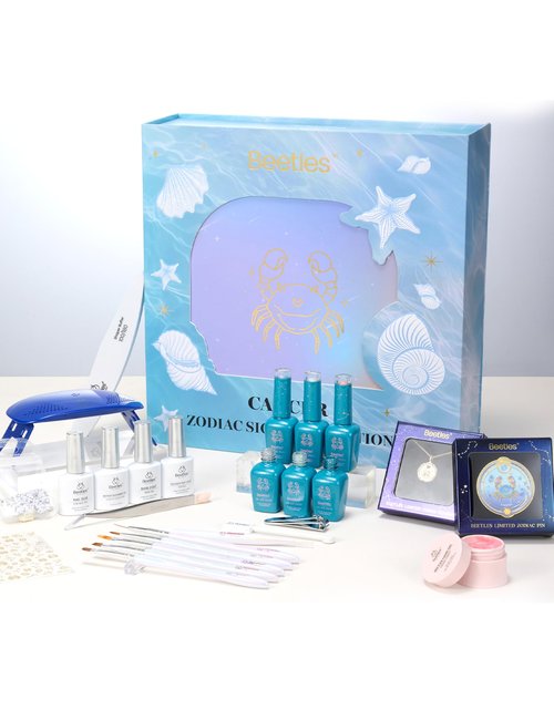 Beetles Moonlit Sanctuary Lucky Box, Cancer Zodiac Gel Nail Polish Kit Blue White Pearl Sliver Glitter Colors, All-in-One Nail Art Set with Tools, Necklace Badge, Salon DIY Zodiac Gift for Women