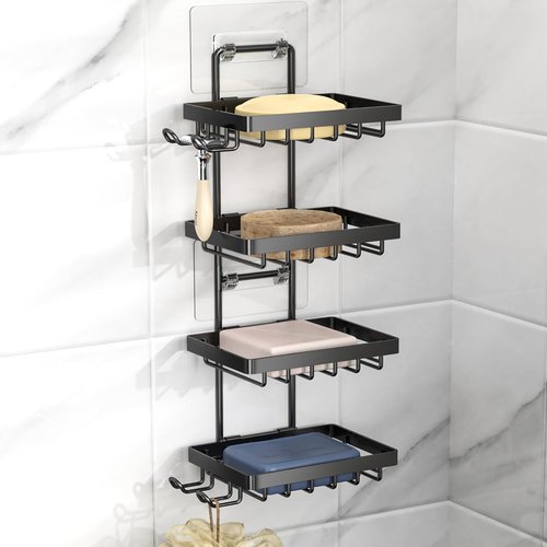 Moforoco 4-Tier Soap Bar Holder - Wall Mounted, No Drilling, 304 Stainless Steel | Bathroom Organizer with Hooks & Razor Holder