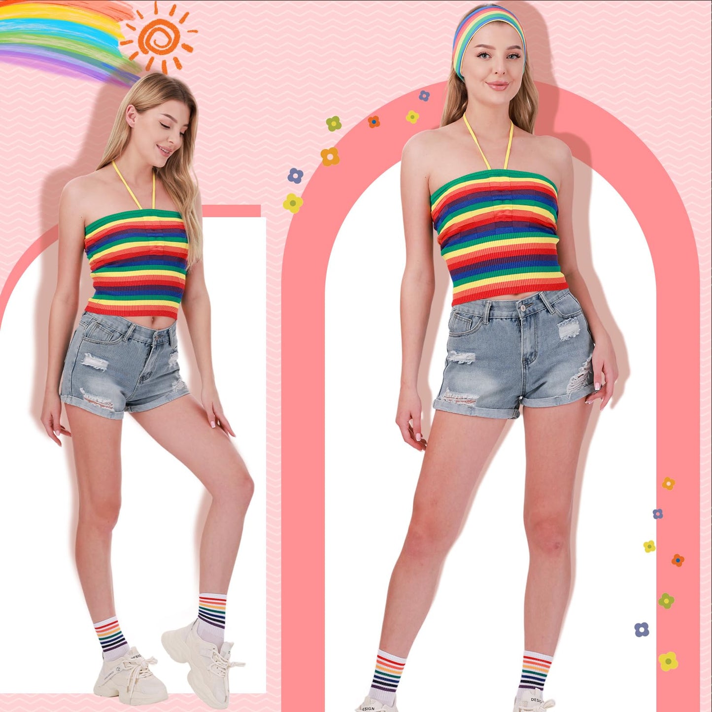 Cuffbow 4 Pcs Prides Parade Outfits, Rainbow Halter Backless Knitted Tank Top, Rainbow Hair Band and Rainbow Ankle Socks (Size M)