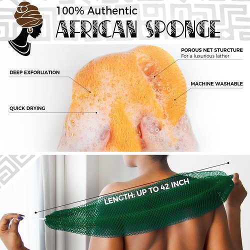 African Net Loofah Sponge - 2 Pieces Black Owned Authentic Body Sponges - Exfoliating Wash Cloths for Showering Yellow & Forest - Back Scrubber Exfoliator Shower Sponge for Body Bath Accessories
