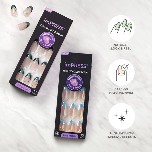 KISS imPRESS Press-On Manicure - All My Love Pink Aurora Nails, Medium Almond Shape, Easy Application | 30 Count