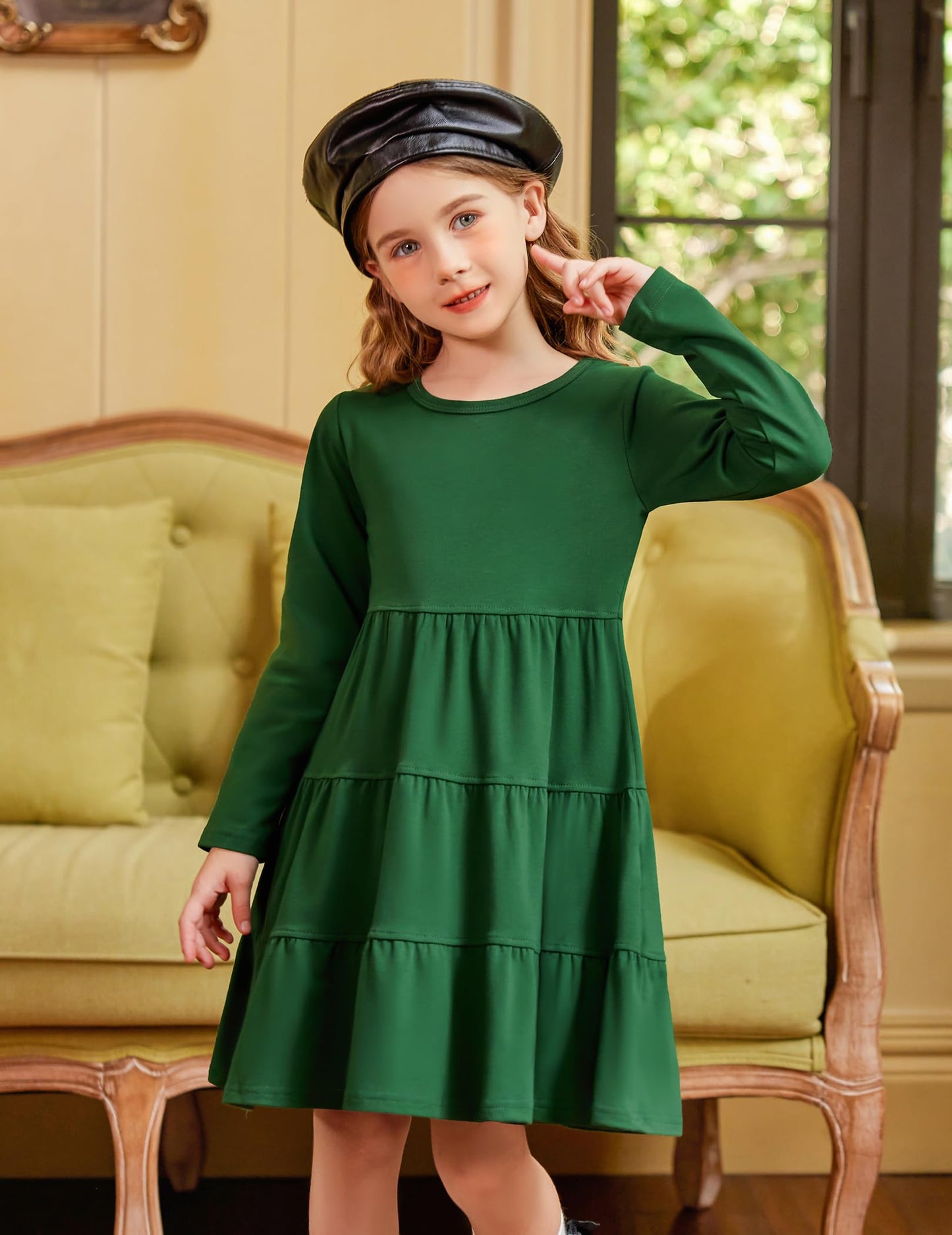 Arshiner Girls' Super Soft Cotton Long Sleeve Tiered Dress, Green, 120(Age for 5-6Y)