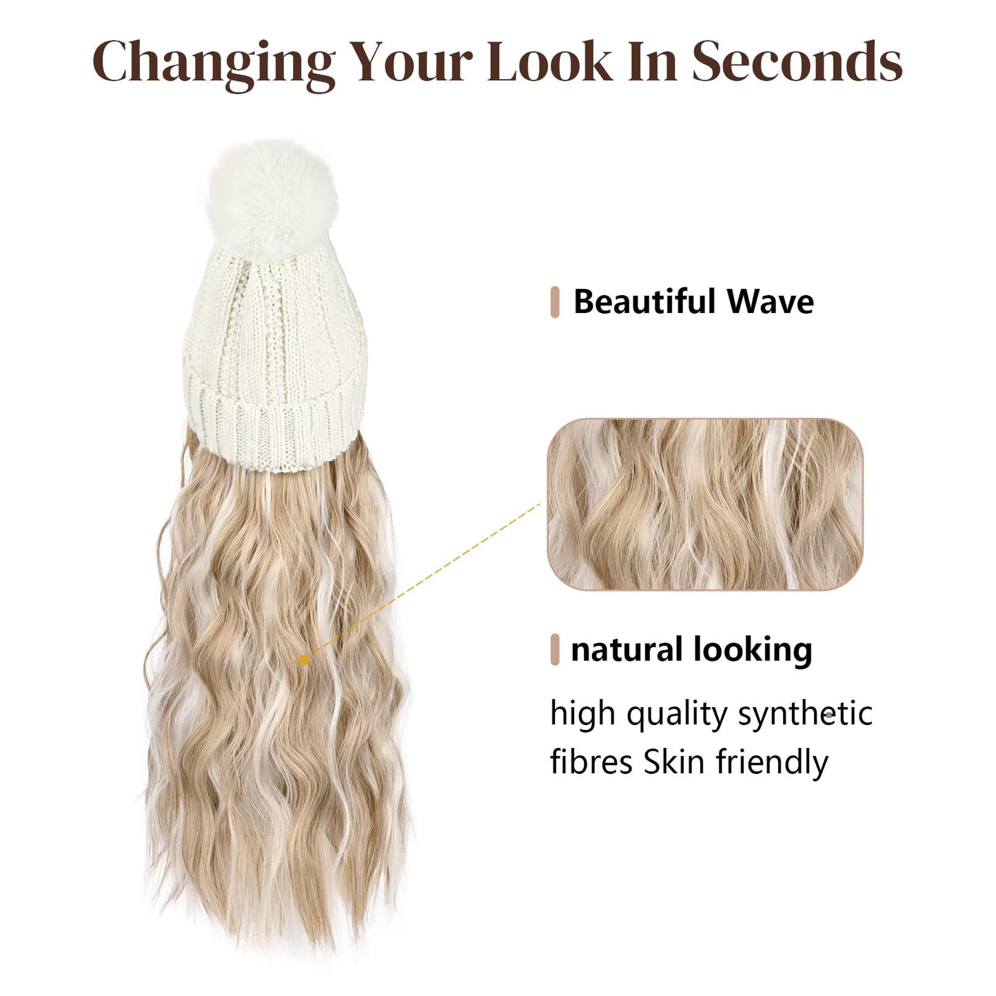 Flufymooz FLmaozi Beanie Wig, Hat Hair Extension Long Wavy White Hat Wig with Faux Fur Pom Hat, wig hat Attached 20 Inch Synthetic Hairpiece for Women Girls Winter (Light Blonde with White Blonde)