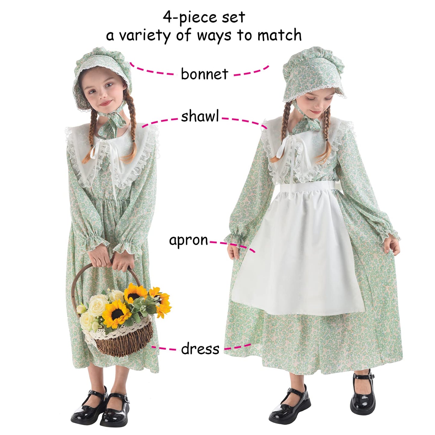 LTAKK Prairie Dresses for Girls Pioneer Colonial Costume Girl Pilgrim Dress with Shawl, Apron and Bonnet, Seagreen, Large