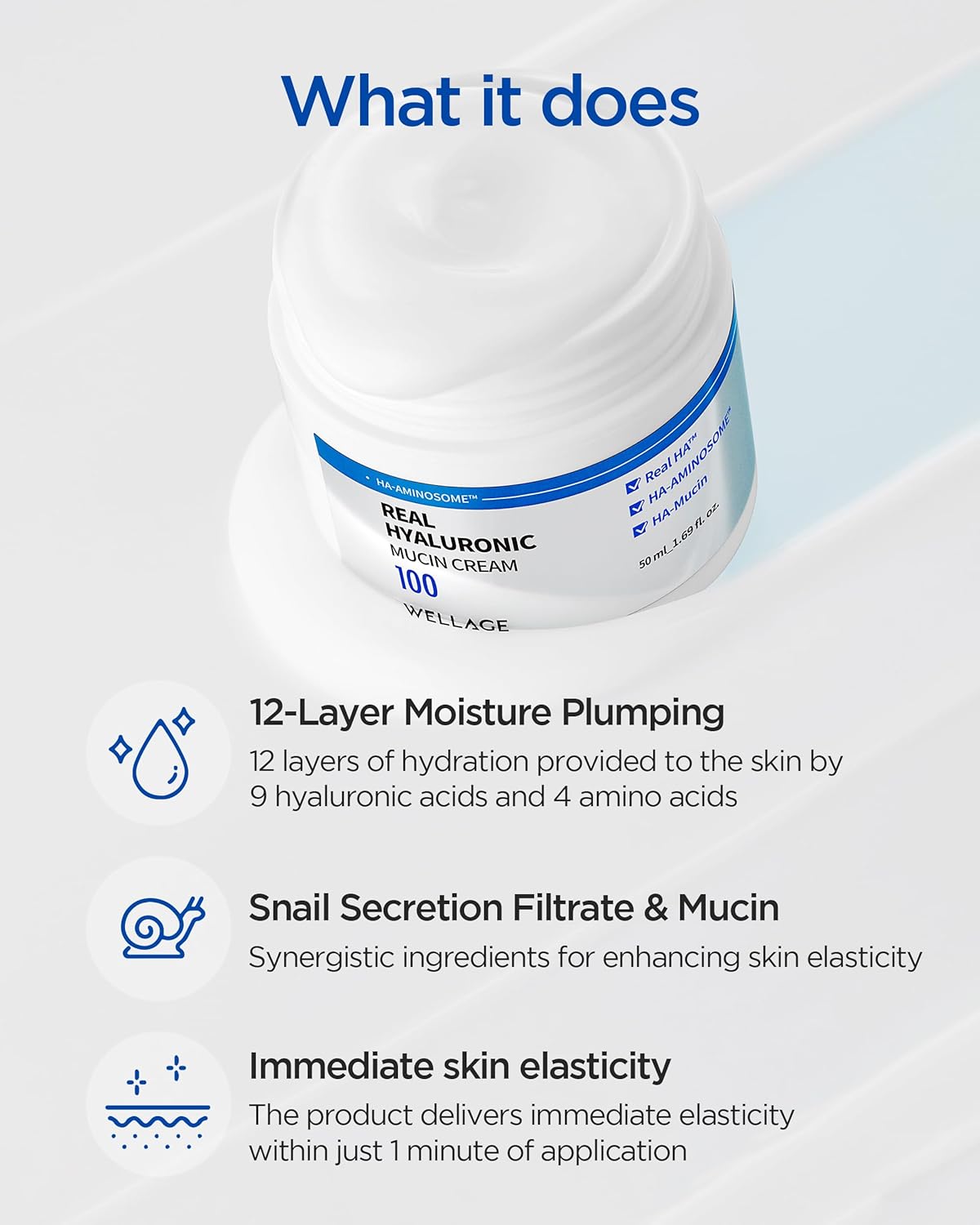 WELLAGE Real Hyaluronic Mucin Cream - Hydrating Face Gel Moisturizer with Snail Mucin - 1.69oz for All Skin Types