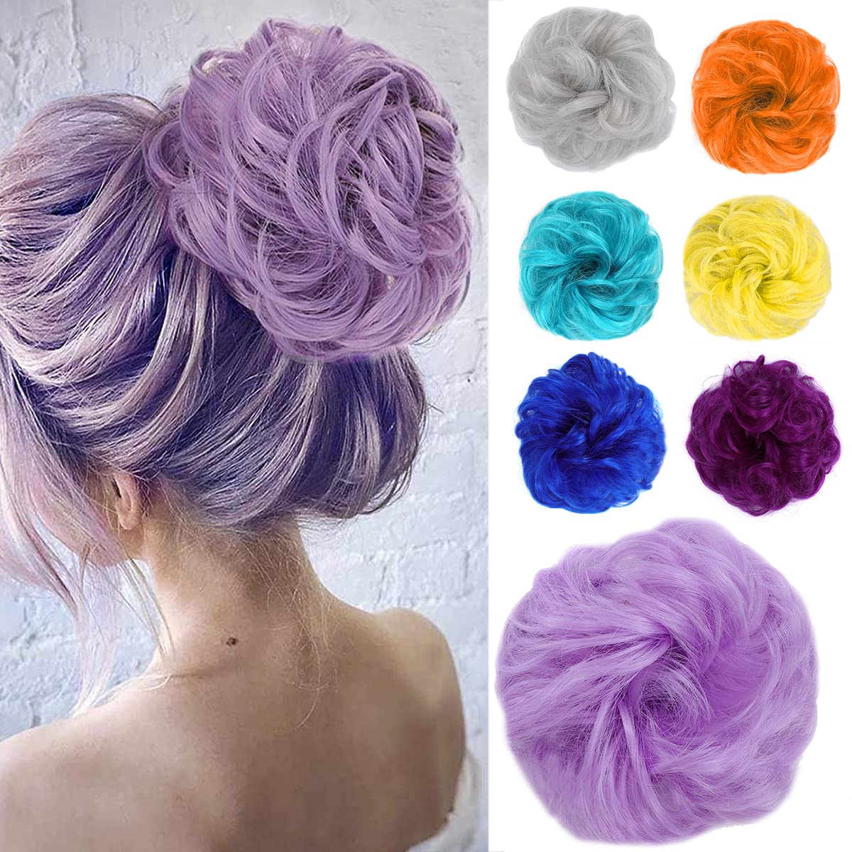 Kediciz Messy Bun Hair Piece Fake Hair Buns Scrunchies Extensions Synthetic Thick Updo Hairpieces Curly Wavy Chignon Ponytail for Women Girls Kids Light Purple