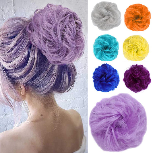 Kediciz Messy Bun Hair Piece Fake Hair Buns Scrunchies Extensions Synthetic Thick Updo Hairpieces Curly Wavy Chignon Ponytail for Women Girls Kids Light Purple