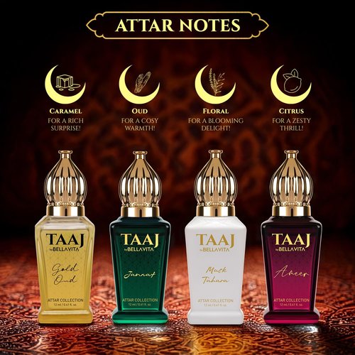 BELLAVITA Luxury Taaj Attar | Long Lasting Unisex Gift Set for Man and Woman 4x12ml | Caramel, Lemon, Cinnamon, and Musk | Non-Alcoholic Roll On | Oud, Floral, Musk | Attar for Men and Women