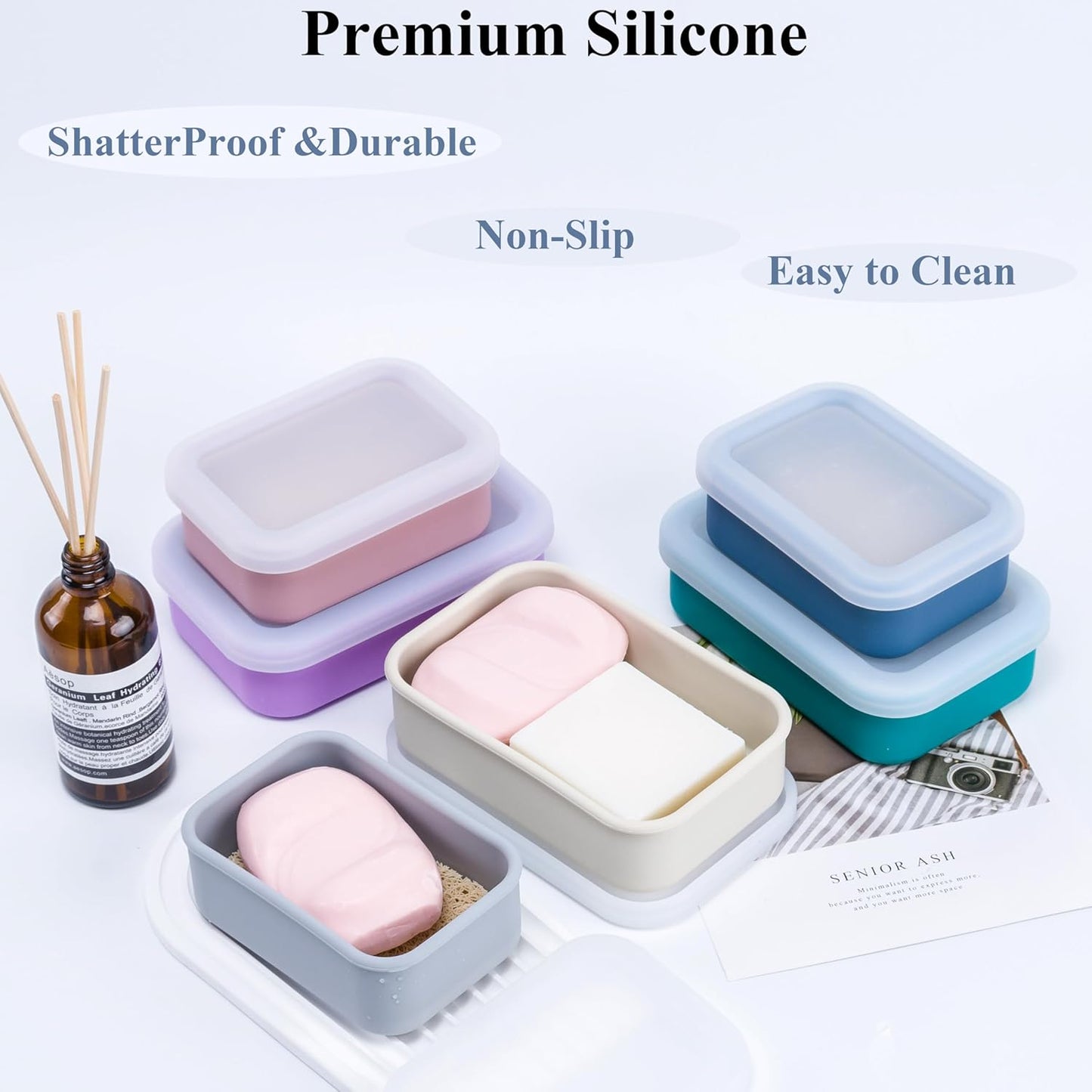 Skiennix Portable Leakproof Travel Soap Case - Compact Silicone Holder with Drainage Layer | Turquoise & Flamingo