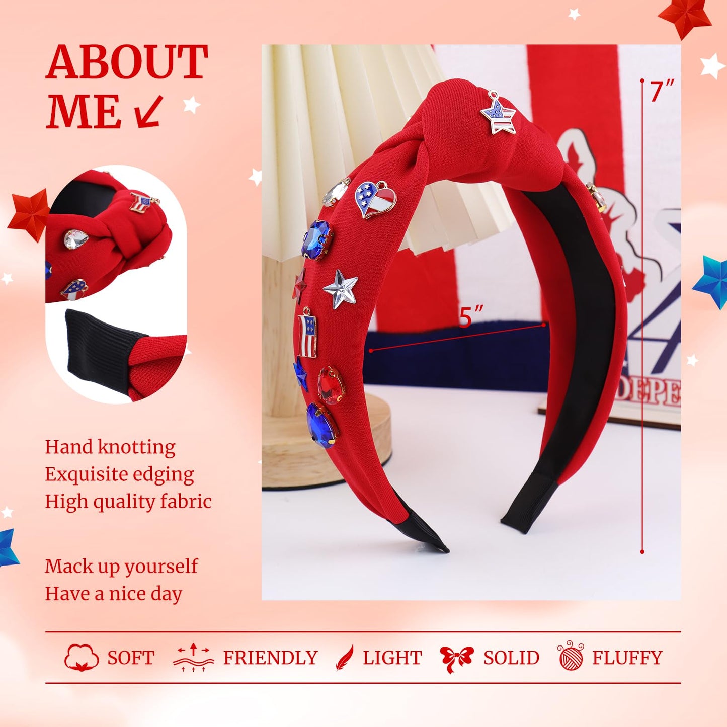 YanJie 4th of July Patriotic Headbands for Women American Flag Headband Rhinestone Crystal Star USA Knottted Headbands Red and Blue Wide Hairband Hair Accessories Gift Red