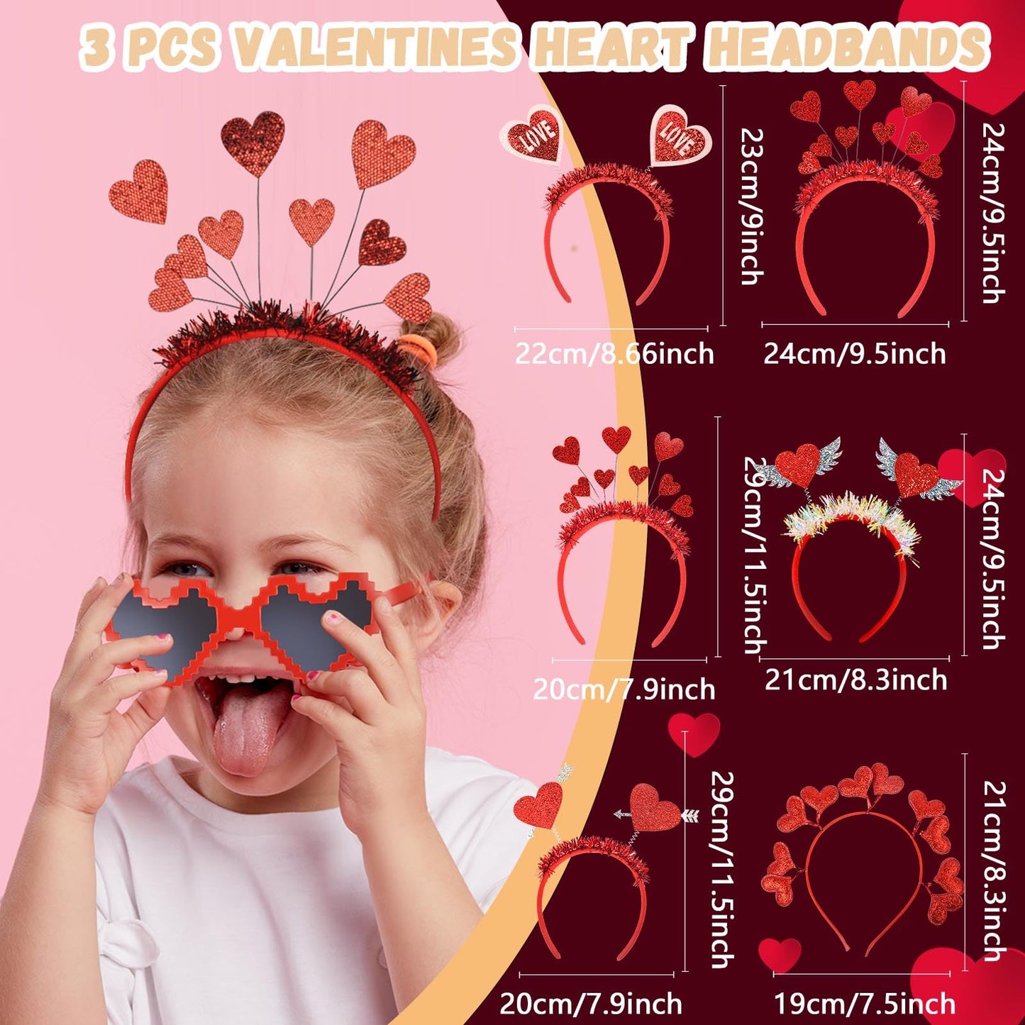 12 Pcs Heart Headbands and Heart Sunglasses, Valentine's Day Heart Boppers, Cupid Hair Hoop Heart Eyeglasses Headwear Headdress, Valentine's Costume Accessories