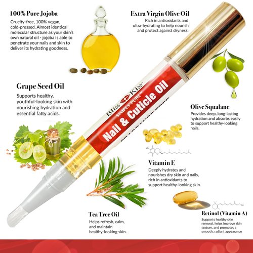 Bliss Kiss Fragrance Free Nail Oil Cuticle Pen with Vitamin E & Jojoba - Nail Strengthener Nail Growth Serum for Brittle Peeling Breaking Thin Nails
