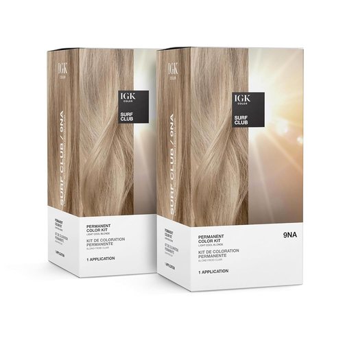IGK Permanent Hair Dye Color Kit - 9NA Surf Club Light Cool Blonde | 100% Gray Coverage & Shine | Ammonia Free (2 Pack)