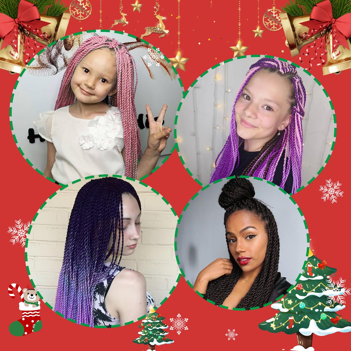 NAYOO Senegalese Twist Crochet Hair for Black Women, 8 Packs 18 Inch Purple Crochet Hair with Green Tinsel for Chrismas Party, 35 Strands/Pack Small Twist Crochet Braids Hair Hot Water Setting