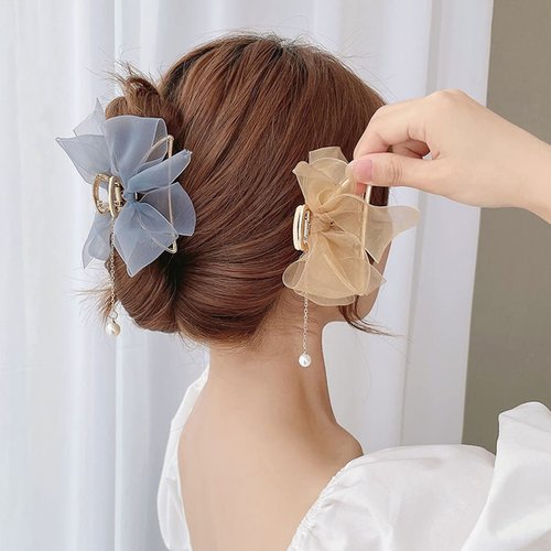 2 Pack Metal Big Lace Bows French Style Hair Clips Clamp Tassel Nonslip Hair Claw Hair Accessories for Women Girls for Thinner Thick Hair Styling