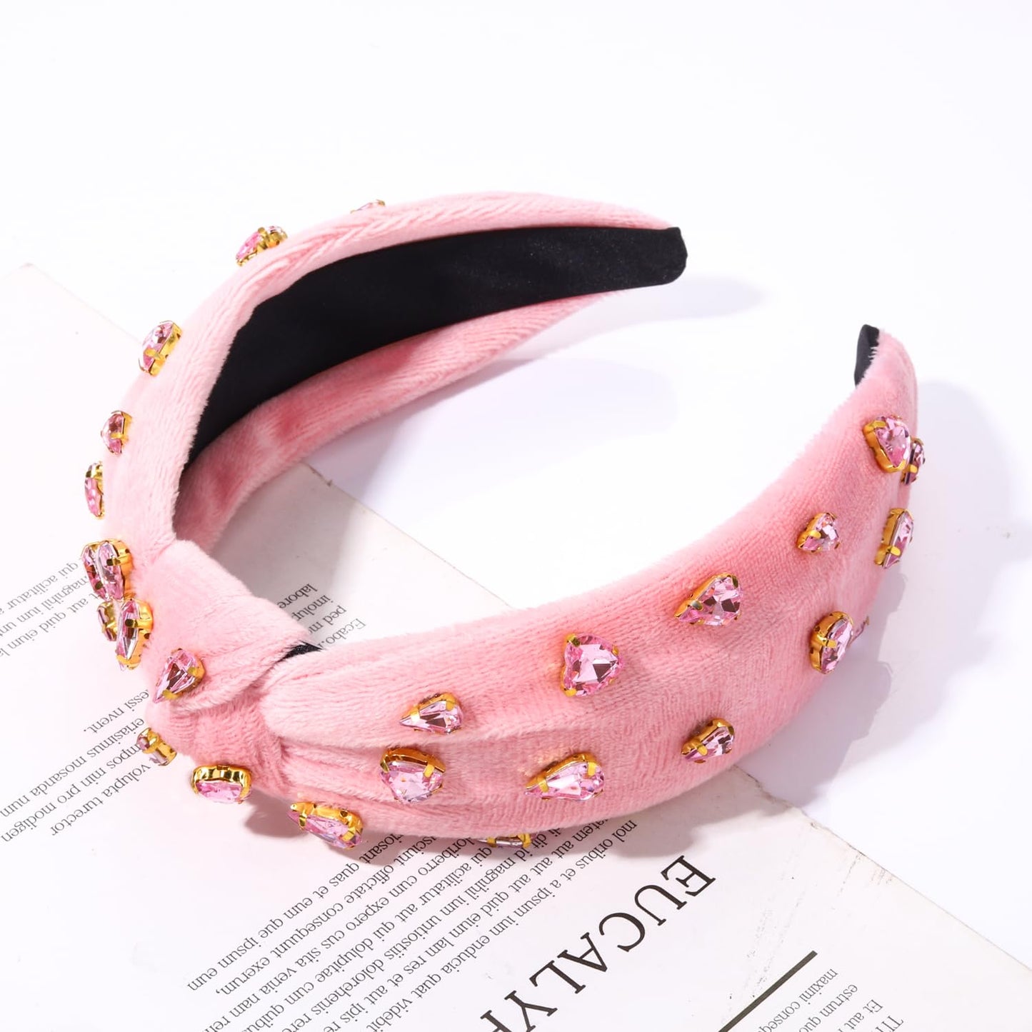 Valentine’s Day Heart Crystal Knotted Jeweled Headband for Women Valentine's Day Rhinestone Crystal Embellished Pink Hairband Top Knot Headbands Fashion Wide Ladies Hair Accessories for (Pink Velvet)