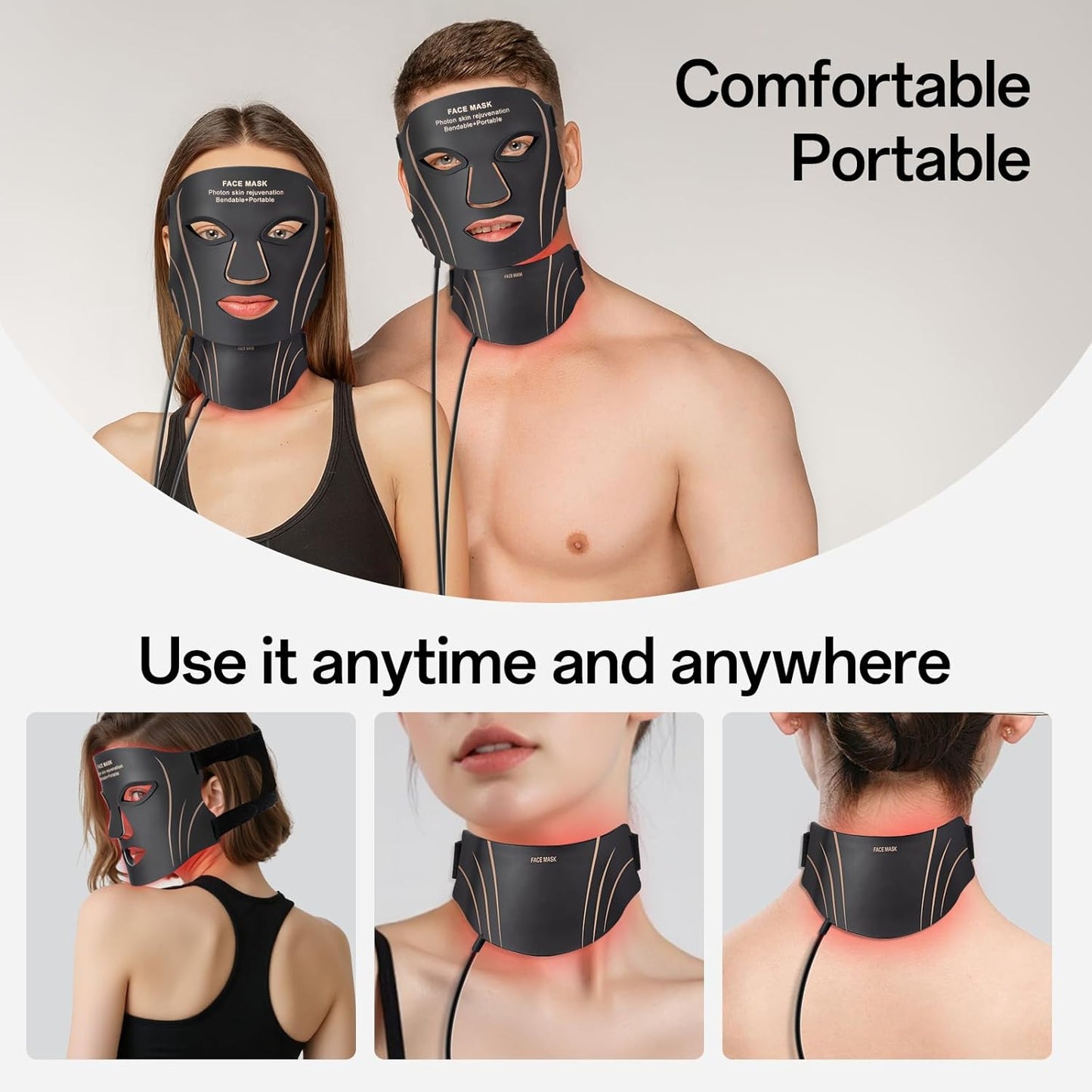Facego Red Light Mask - Rechargeable Portable Face & Neck Treatment | 7 Color Options (Black)