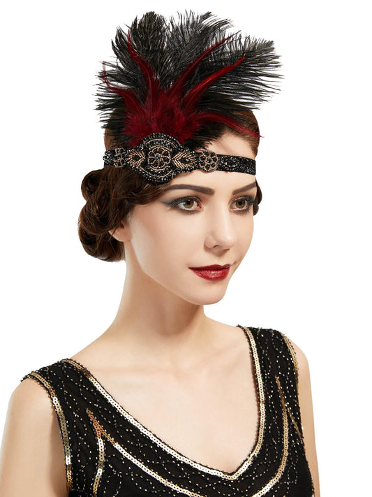 SWEETV 1920s Headpiece Flapper Headband, Feather Rhinestone Roaring 20s Great Gatsby Hair Accessories for Women,Wine Red