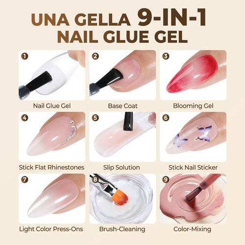 UNA GELLA 9 in 1 Gel Nail Glue for Clear Acrylic Nails Tips 2Pcs 10ml Long Lasting Super Strong Brush on Nail Gel Glue for False Press on Nails Tips Base Blooming Gel, U V Light Required