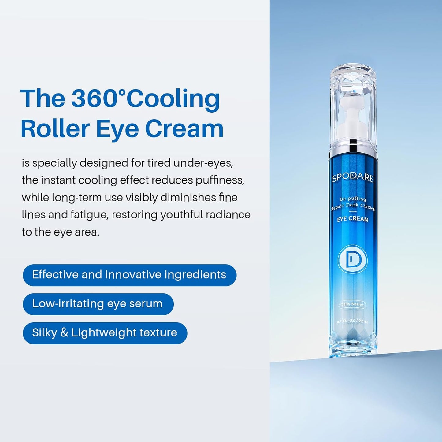 SPODARE Caffeine Eye Cream - Reduce Dark Circles & Puffiness with 360° Massage Roller | 0.7 fl. oz