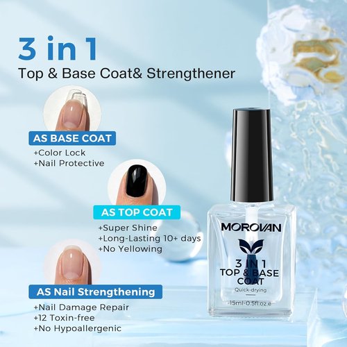 Morovan Nail Strengthener - 3-in-1 Base Coat & Top Coat for Quick Drying, Clear Finish, Long-Lasting Shine