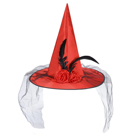 Century Star Witch Hats for Women Halloween Costume Hats with Veil Adult Witches Accessories for Party Rose Red One Size