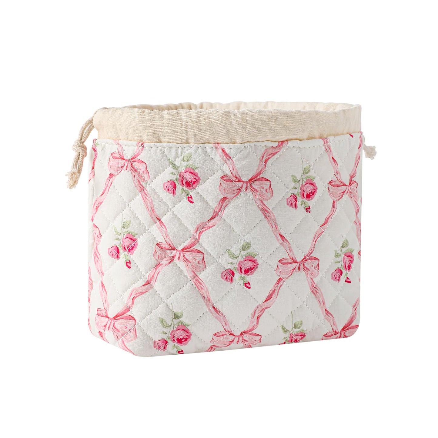 Cotton Quilted Drawstring Makeup Bag with Canvas Lining,Coquette Aesthetic Cute Travel Toiletry Bag,Drawstring Gift Bag for Women and Girls（03Pink Bows）