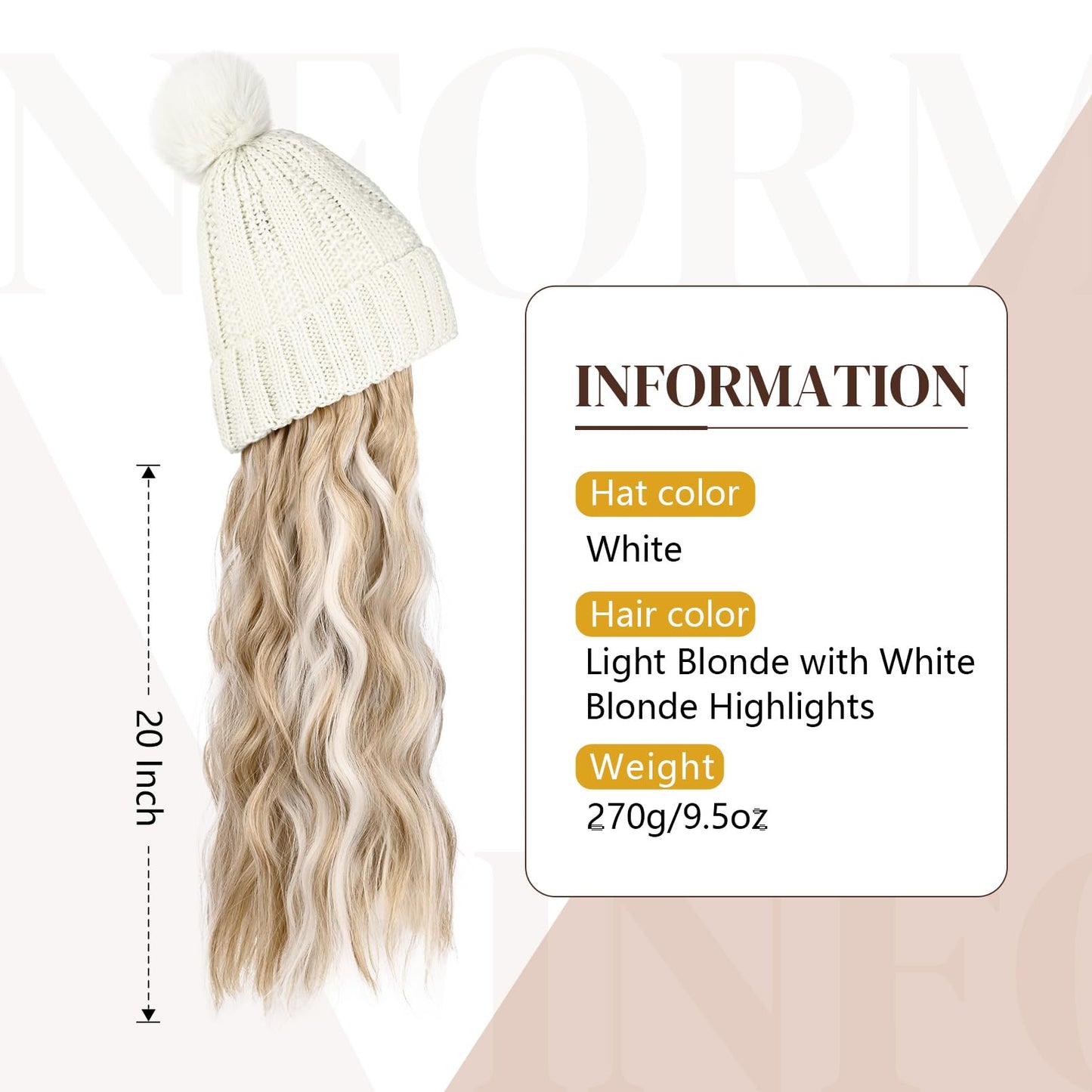 Flufymooz FLmaozi Beanie Wig, Hat Hair Extension Long Wavy White Hat Wig with Faux Fur Pom Hat, wig hat Attached 20 Inch Synthetic Hairpiece for Women Girls Winter (Light Blonde with White Blonde)