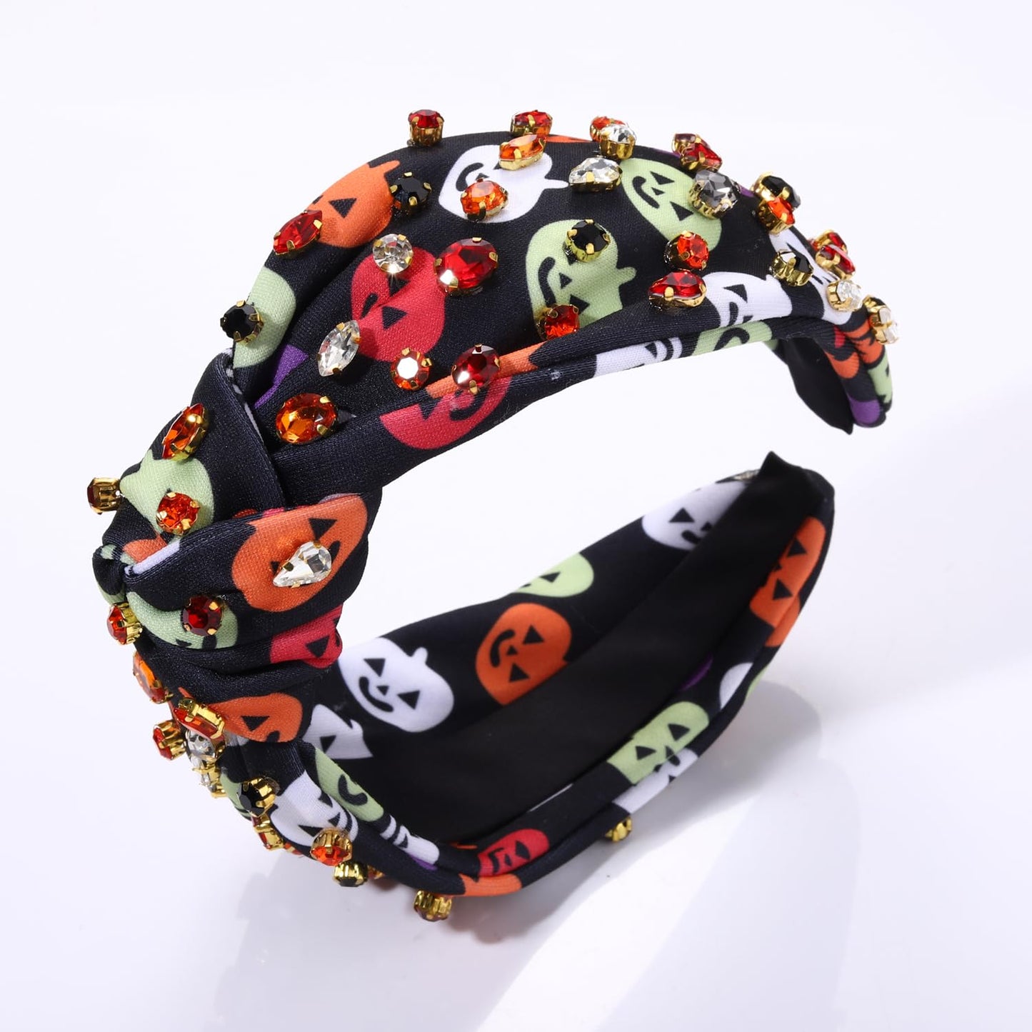 Halloween Crystal Knotted Headband for Women Rhinestone Jeweled Embellished Spooky Ghost Print Wide Top Knot Hairband Halloween Costume Party Hair Accessory (Colorful Pumpkin)