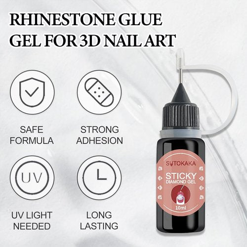 SUTOKAKA 2Pcs 10ml Nail Rhinestone Glue Super Strong Adhesive Nail Glue Gel for 3D Nail Art Charms Gems Jewels Diamonds Crystal Beads Home Manicure Salon Supplies Cured Need
