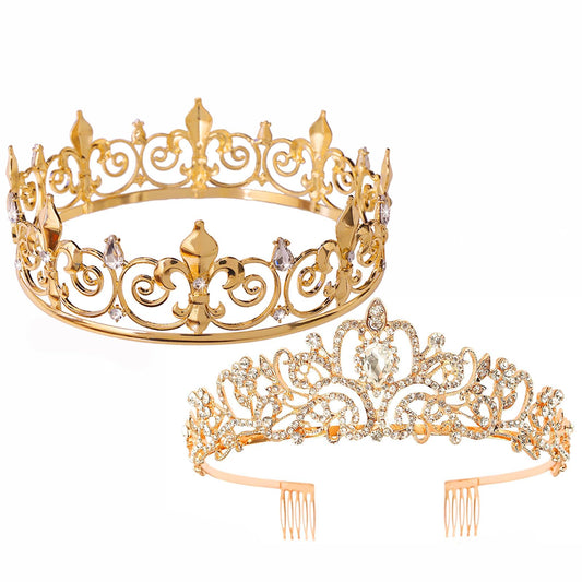 AMind4U 2PCS King and Queen Crown Set Metal Crown for Men and Women Crystal Tiaras for Girls Costume Accessories for Prom Wedding (Gold 1)