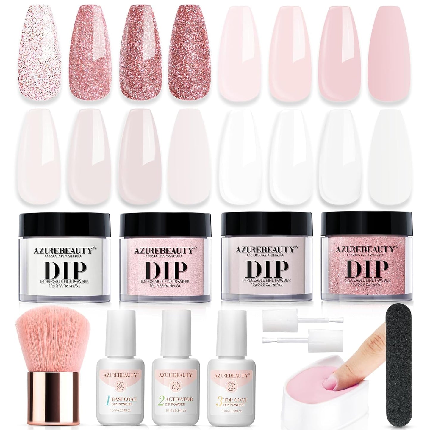 AZUREBEAUTY Dip Powder Nail Kit - 4 Colors Glitter Soft Pink French Nail Art | Base & Top Coat Included