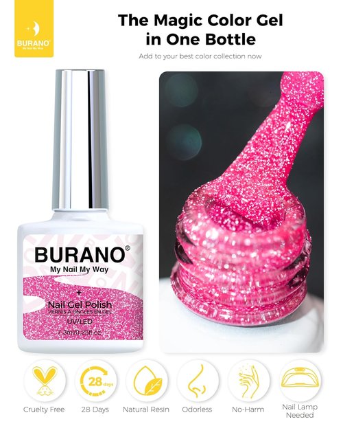 BURANO Hot Pink Reflective Glitter Gel Nail Polish - UV LED Holographic Sparkle 7.3ml for DIY Nails