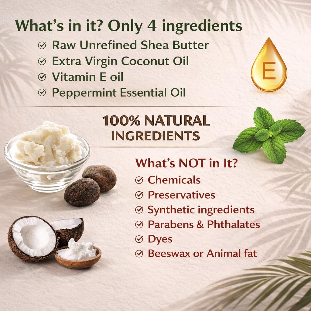 Shea Lip Butter - Ultra Moisturizing Vegan Lip Balm with Peppermint Oil | All-Natural, Travel-Sized, 4 Ingredients