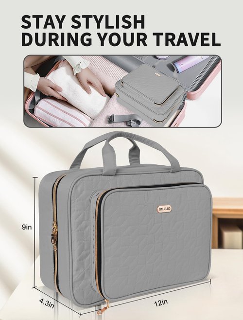 BALULHG Travel Toiletry Bag for Women Large Capacity with Hook - Portable Cosmetic Case,Hanging Makeup Bag for Full Sized Toiletries,Travel Essentials for Business Trips and Camping Grey