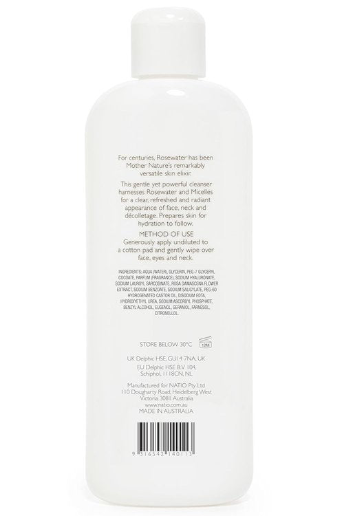 Natio Australia Rosewater Micellar Cleansing Water - Hydrating Makeup Remover for All Skin Types | 8.4 oz