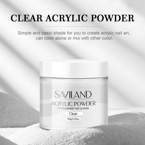 Saviland Clear Acrylic Powder - 5.29oz Bubble-Free Formula for Long-Lasting, Chip-Resistant Nails