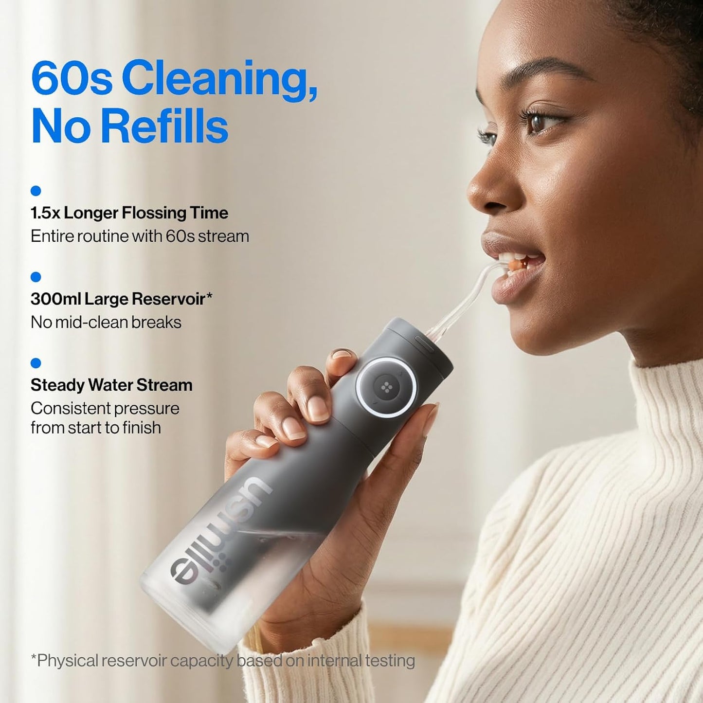 Usmile C30 Cordless Water Flosser - 300ml Tank, 5 Pressure Levels, USB-C Rechargeable, IPX7 Waterproof, Black