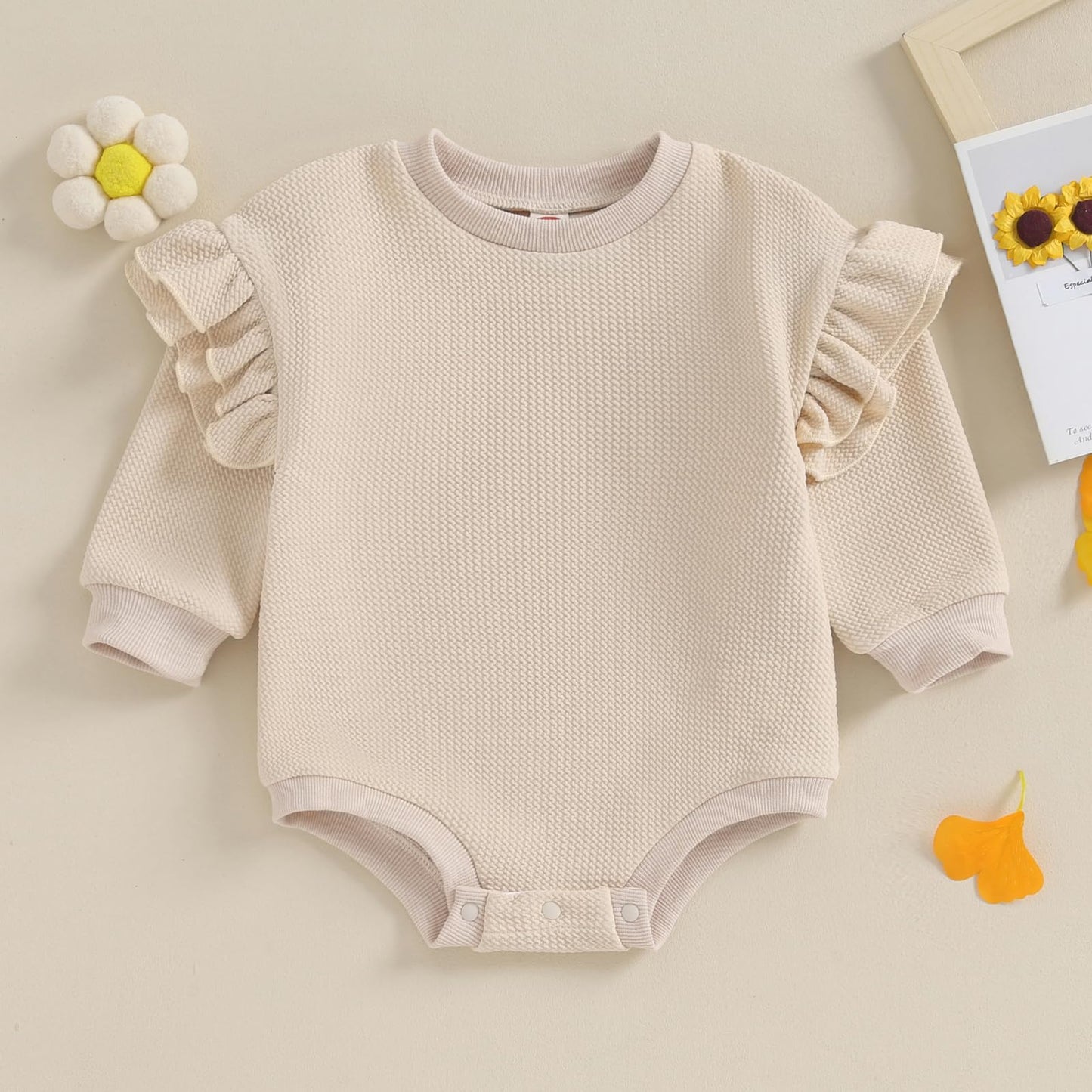 DOSYZTO Newborn Baby Girl Solid Romper Sweatshirt Ruffle Long Sleeve Bodysuit Outfit Infant Fall Clothing (Ruffled Sleeve Beige,12-18 Months)