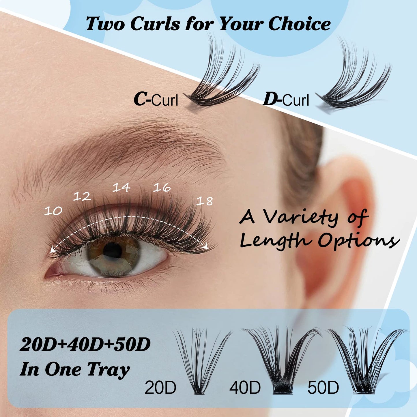 KevKev 300 Pcs Lash Clusters Individual Lashes 20D+40D+50D Cluster Lashes+KevKev Lash Bond & Overnight Sealer for Lash Clusters
