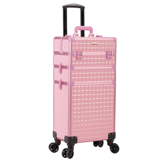 JINGUAN 3 in 1 Rolling Makeup Train Case, Multi-functional Cosmetic Trolley with 360° Swivel Wheels Keys, Large Storage Traveling Cart Trunk for Nail Technicians Hairstylist, Pink