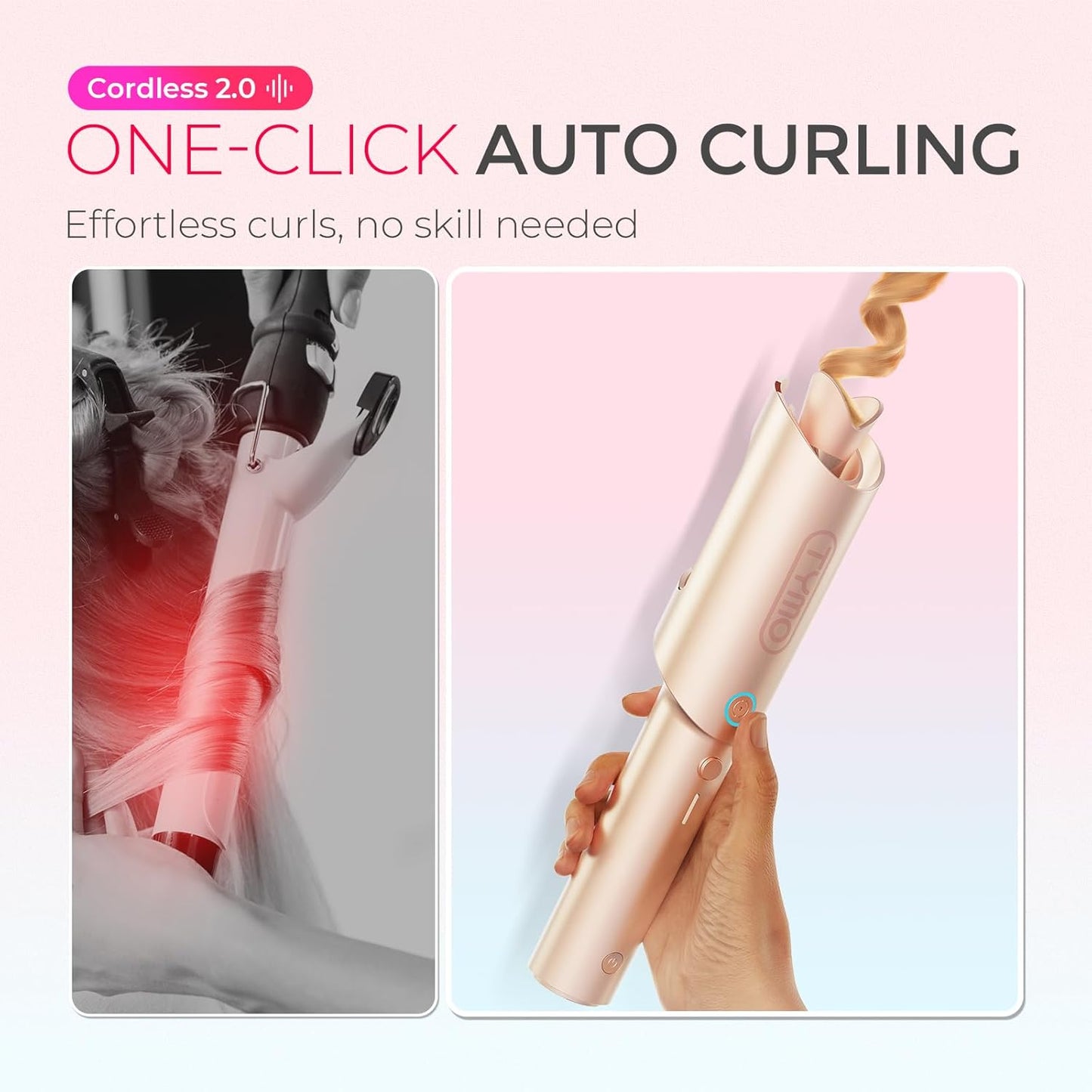 TYMO Cordless Automatic Curling Iron - 1 Inch Rotating Curling Wand for Beach Waves | Portable & Rechargeable, Tangle-Free, Gold Blush